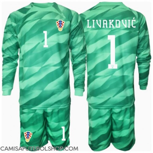 Camisa de time de futebol Croácia Dominik Livakovic #1 Goleiro Replicas 2º Equipamento Infantil Europeu 2024 Manga Comprida (+ Calças curtas)